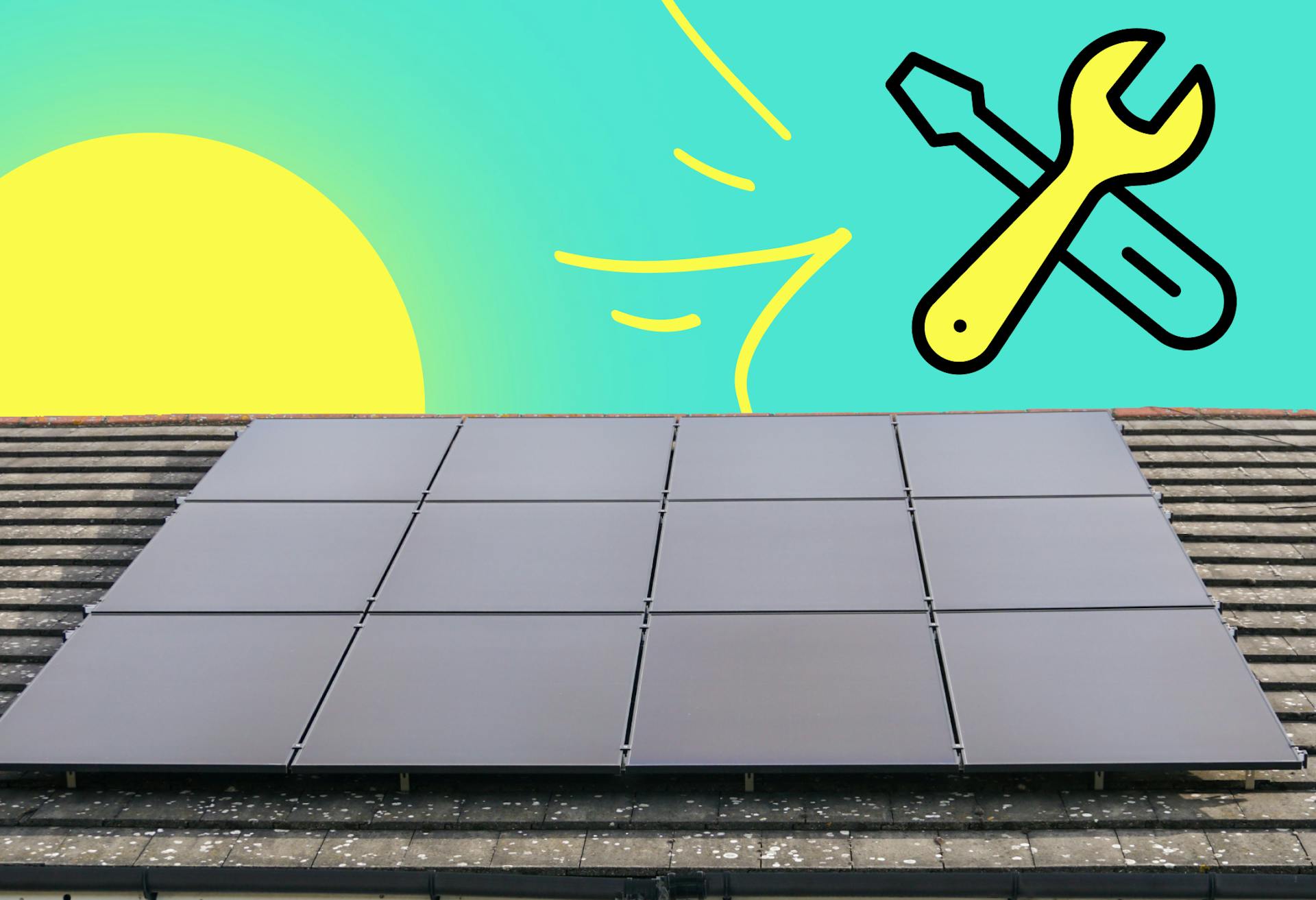 Black solar panels on a rooftop, yellow sun rising to the left, crossed spanner and screwdriver on the right, teal background