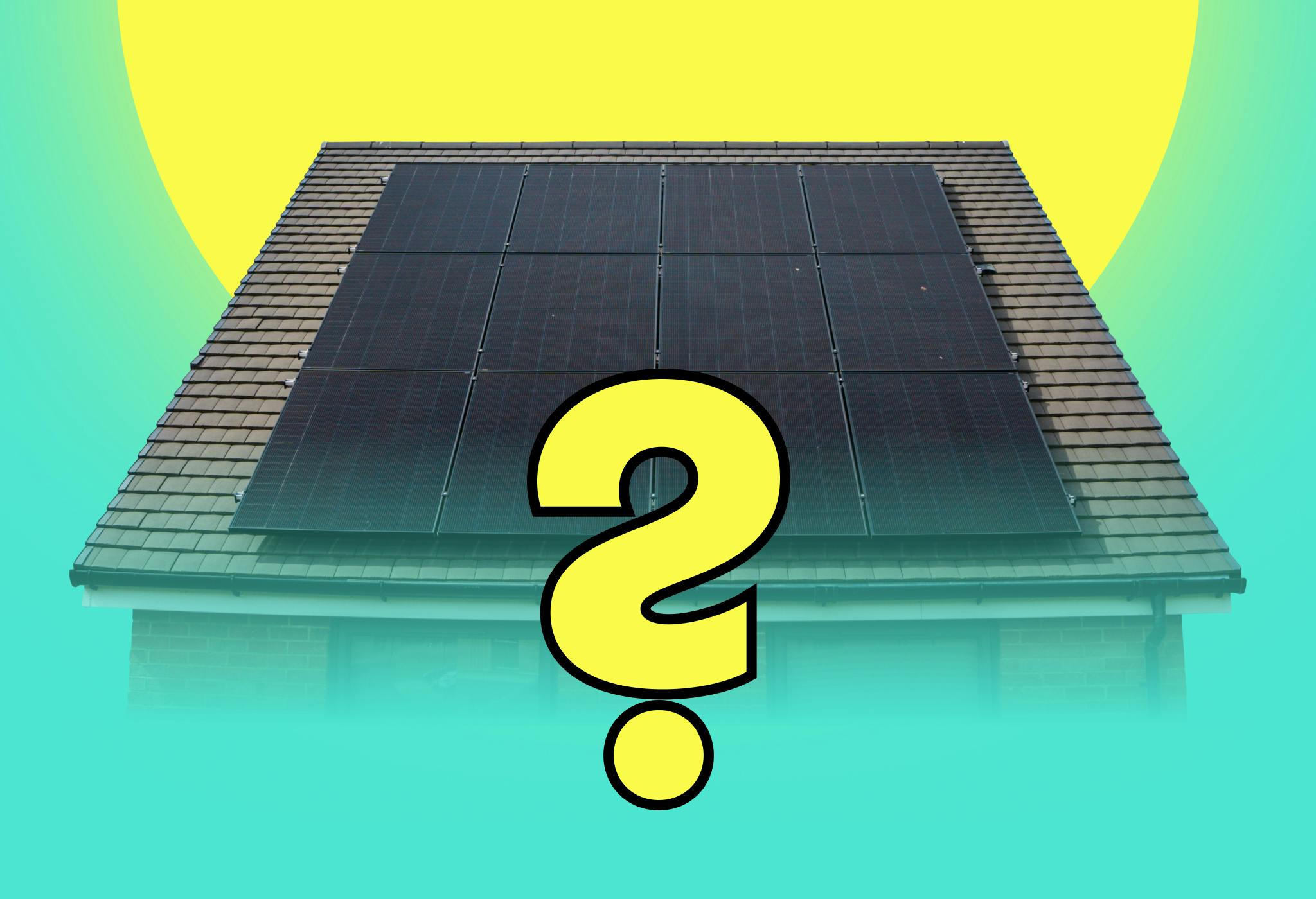 Solar panels on a rooftop, yellow sun behind, yellow question mark in foreground, teal border