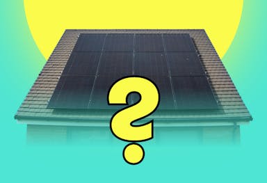 Solar panels on a rooftop, yellow sun behind, yellow question mark in foreground, teal border
