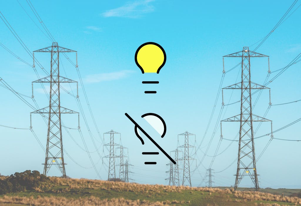 Two lines of electricity pylons connected by cables, on a grassy field against a blue sky. In the middle there are two bulb graphics, one yellow and on, and one off with a line through it