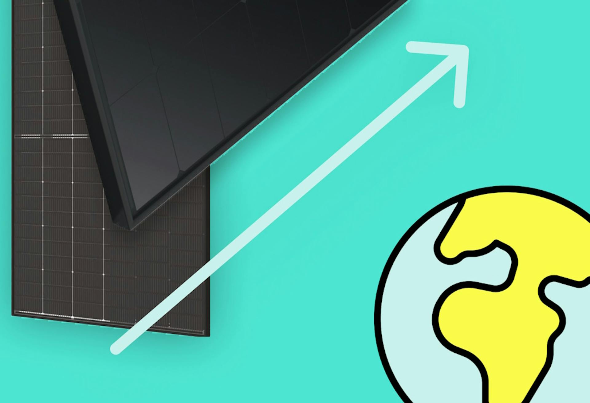 Black solar panels next to an arrow pointing to the top-right, next to a graphic of the world, all against an aquamarine background