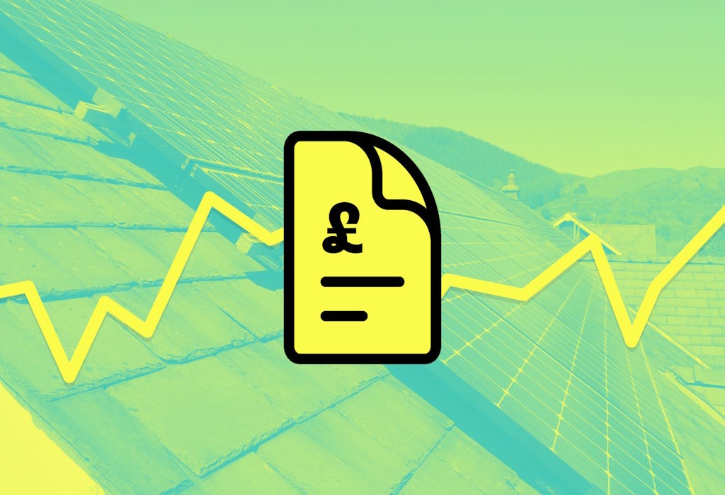 a yellow representation of a document with a pound sign on it, in front of a line going up and down across the screen, all against an image of solar panels on a roof