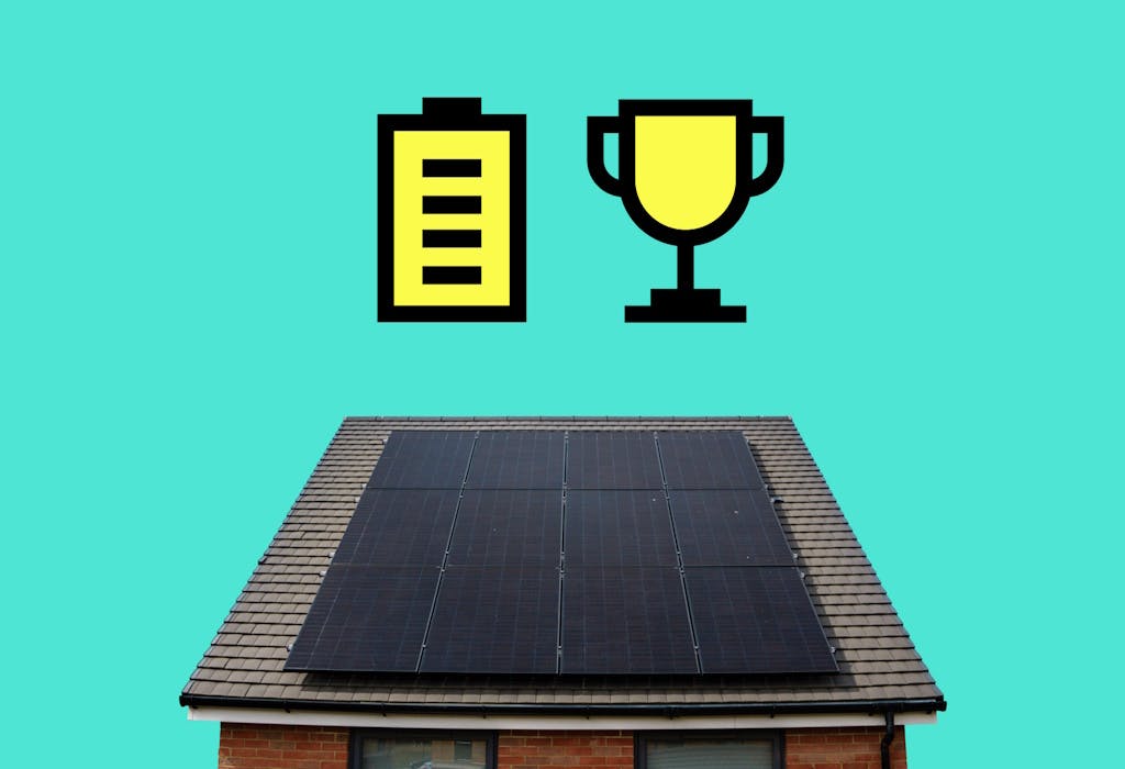 A drawing of a yellow battery and trophy above an image of a house with black solar panels on the roof, all against an aquamarine background