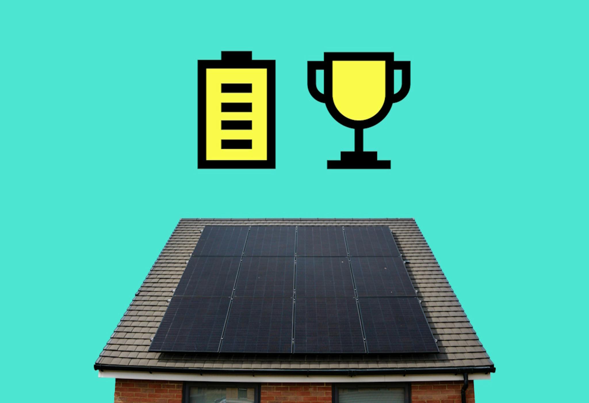 A drawing of a yellow battery and trophy above an image of a house with black solar panels on the roof, all against an aquamarine background