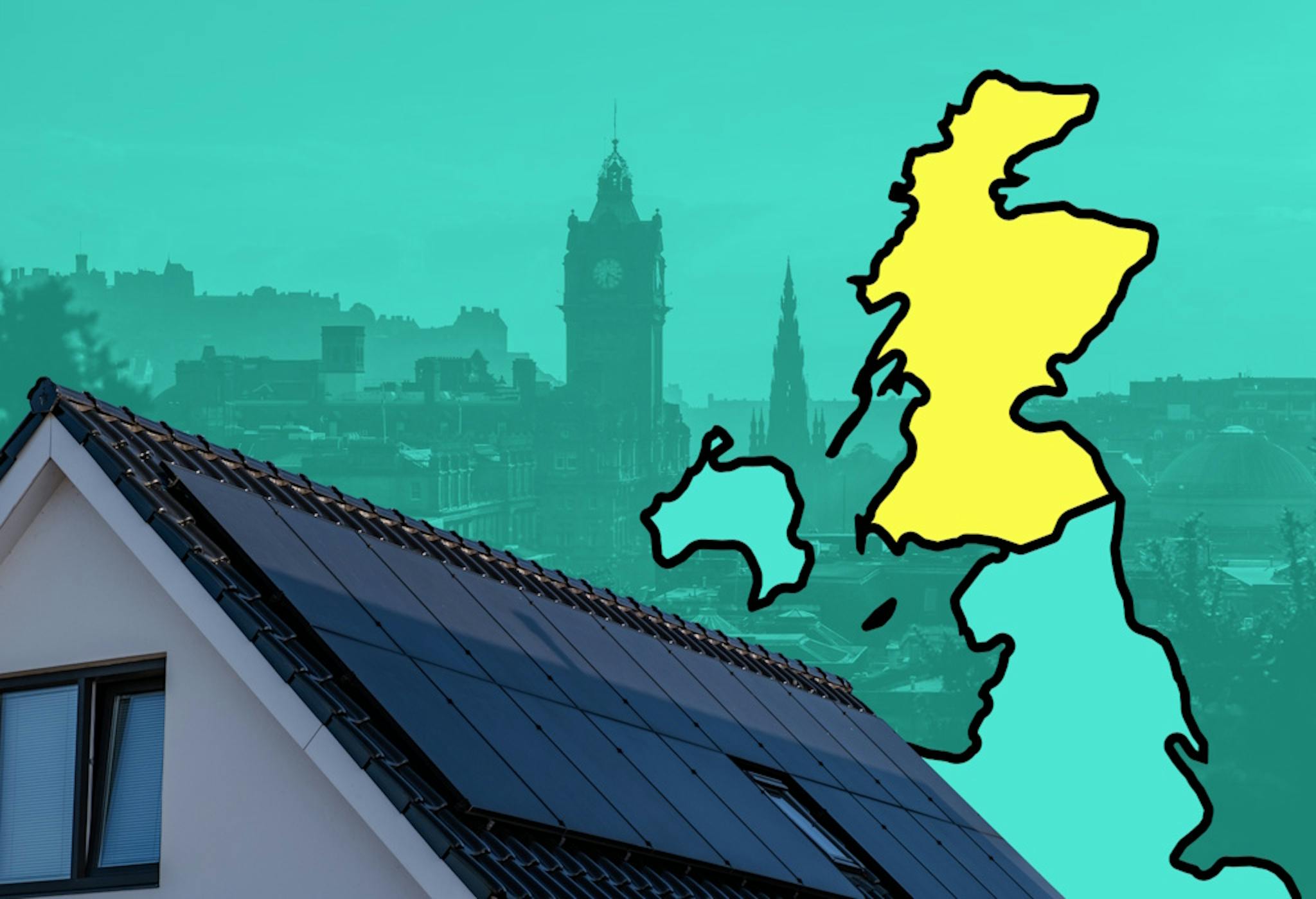 A home with black solar panels on the roof, with an image of a cut-off map of the UK with Scotland in yellow, against Edinburgh's skyline and an aquamarine background