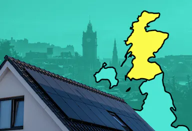 A home with black solar panels on the roof, with an image of a cut-off map of the UK with Scotland in yellow, against Edinburgh's skyline and an aquamarine background