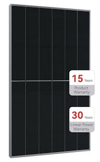 A black solar panel with its 15-year product warranty and 30-year performance warranty overlaid in boxes