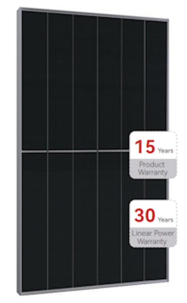 A black solar panel with its 15-year product warranty and 30-year performance warranty overlaid in boxes