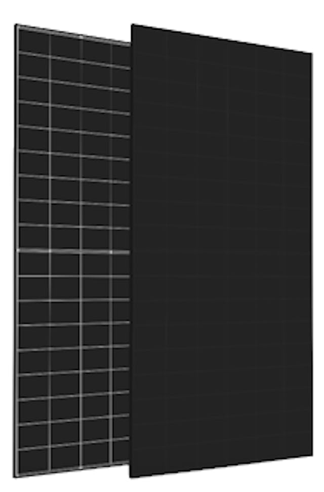 A black solar panel with the back and front showing