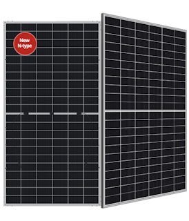 the front and back of a black solar panel with silver framing and grid lines