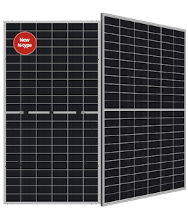 the front and back of a black solar panel with silver framing and grid lines