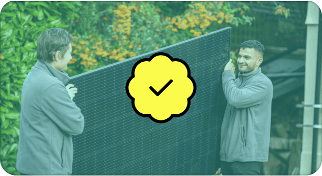 Photo of solar installers, with a tick icon on top