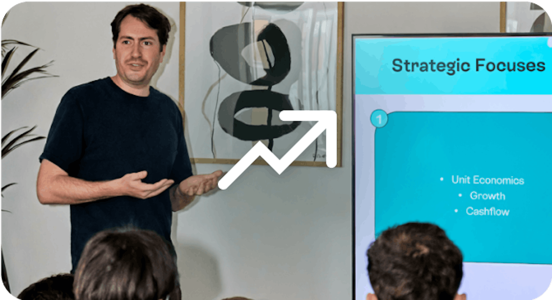 Team meeting with an arrow icon on top 