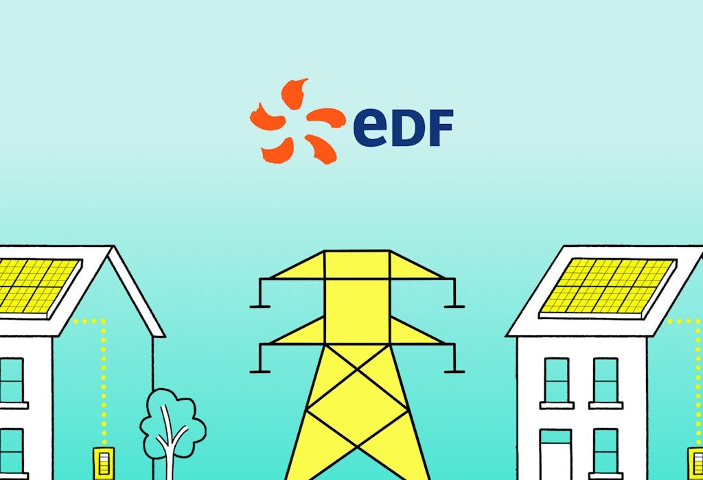 The EDF logo above a graphic of an electricity pylon and two houses, against an aquamarine background