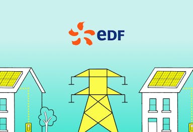 The EDF logo above a graphic of an electricity pylon and two houses, against an aquamarine background