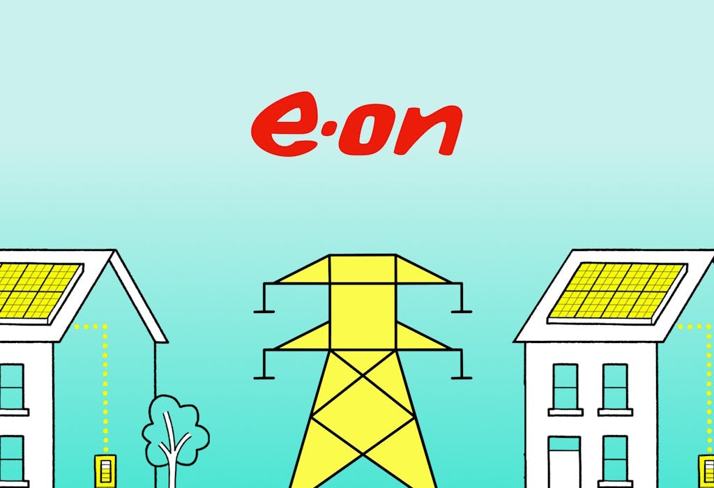The red E.ON logo above a graphic of an electricity pylon and two houses, against an aquamarine background
