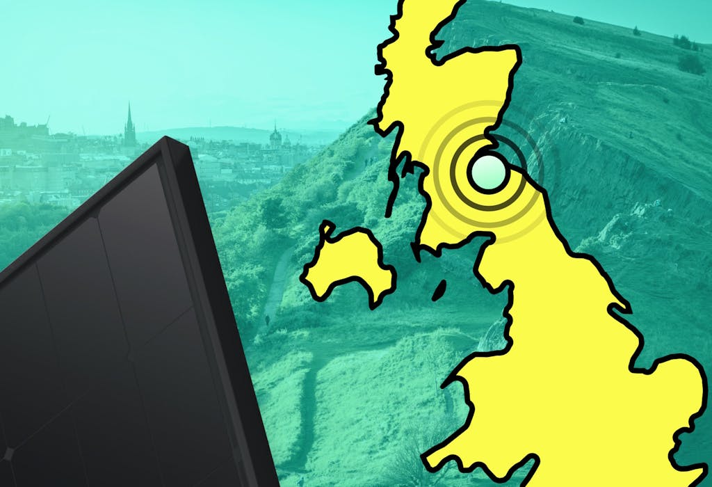 A home with black solar panels on the roof, with an image of a cut-off map of the UK in yellow, against Edinburgh's skyline and an aquamarine background