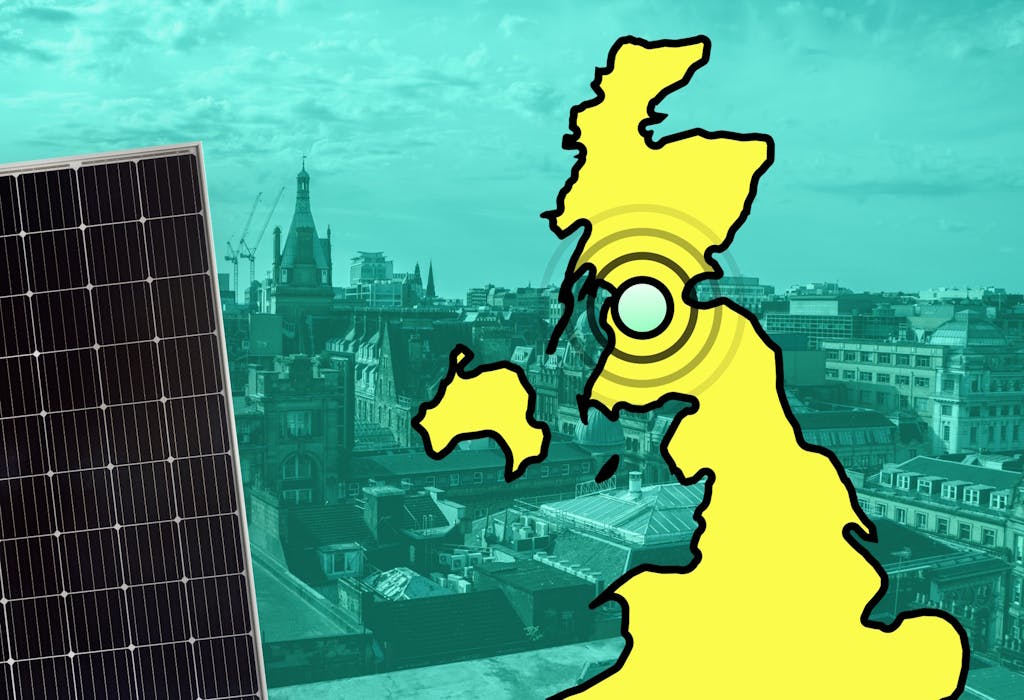 An image of a cut-off map of the UK in yellow on the right, with concentric circles where Glasgow is, and a black solar panel on the left, against an aquamarine background featuring the Glasgow skyline