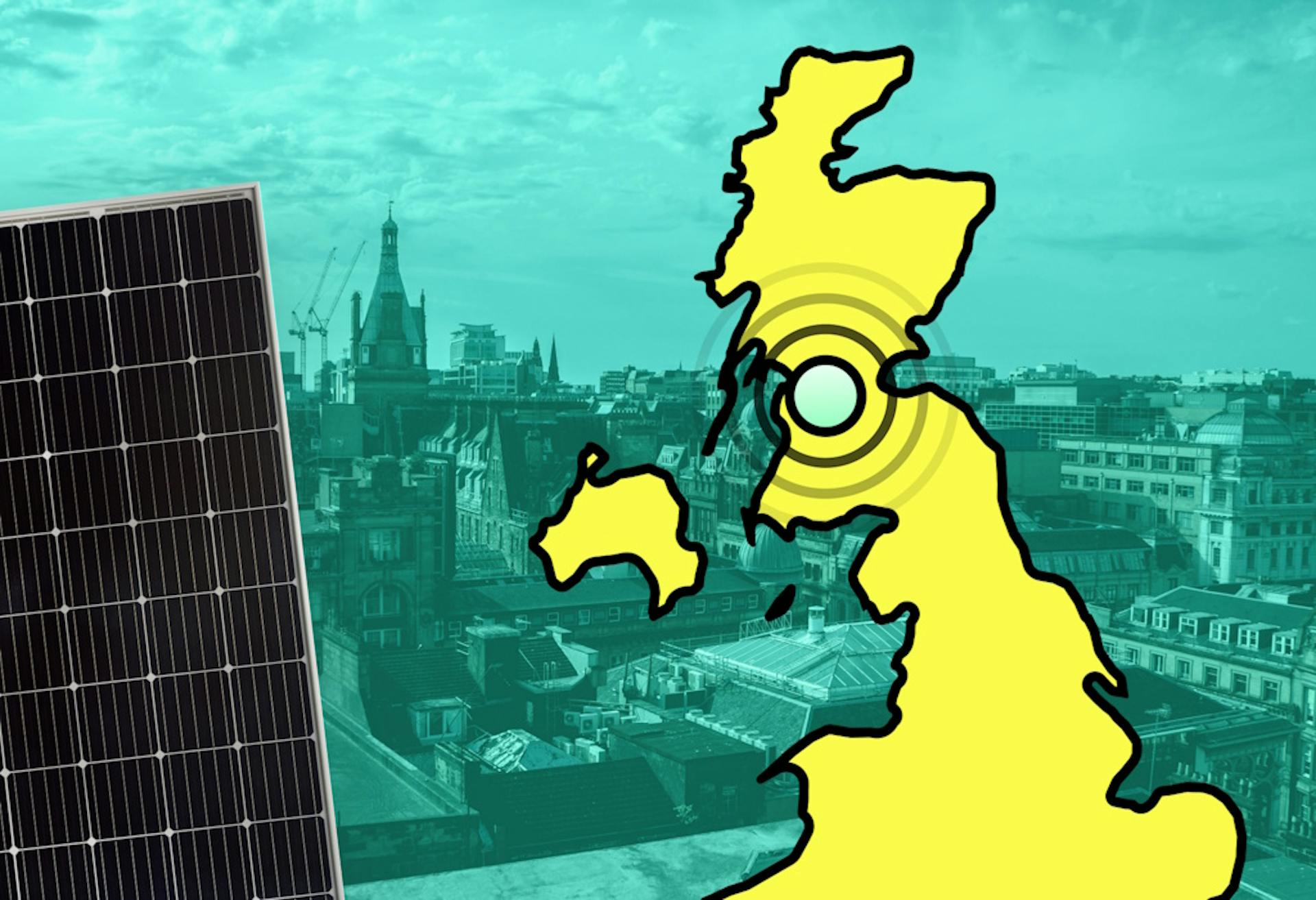 An image of a cut-off map of the UK in yellow on the right, with concentric circles where Glasgow is, and a black solar panel on the left, against an aquamarine background featuring the Glasgow skyline