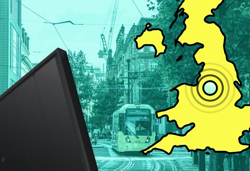 A yellow tram on the road, with an image of a cut-off map of the UK in yellow on the right and a black solar panel on the right, against an aquamarine background