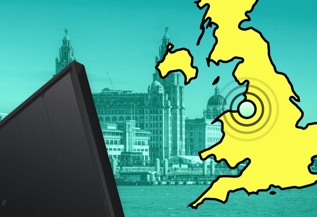 An image of a cut-off map of the UK in yellow on the right, with concentric circles where Liverpool is, and a black solar panel on the left, against an aquamarine background featuring the Royal Liver Building