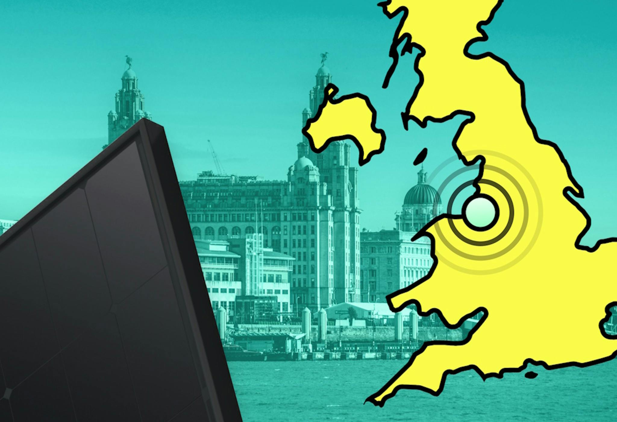 An image of a cut-off map of the UK in yellow on the right, with concentric circles where Liverpool is, and a black solar panel on the left, against an aquamarine background featuring the Royal Liver Building