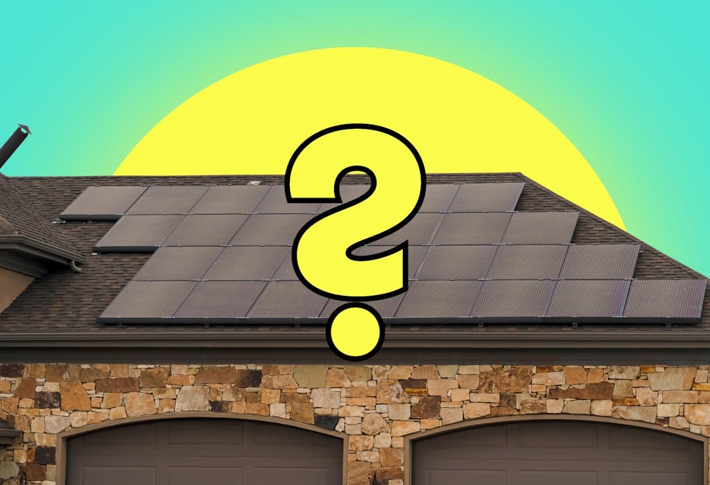A graphic of a yellow question mark, against a sun and a house with black solar panels, all against an aquamarine background