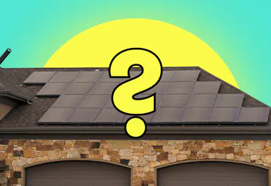 A graphic of a yellow question mark, against a sun and a house with black solar panels, all against an aquamarine background