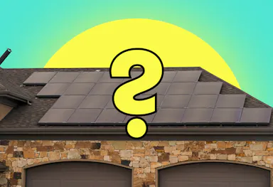 A graphic of a yellow question mark, against a sun and a house with black solar panels, all against an aquamarine background