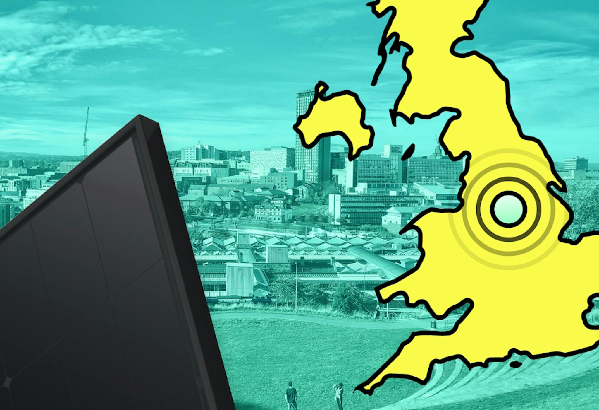 An image of a cut-off map of the UK in yellow on the right, with concentric circles where Sheffield is, and a black solar panel on the left, against an aquamarine background featuring the Sheffield skyline