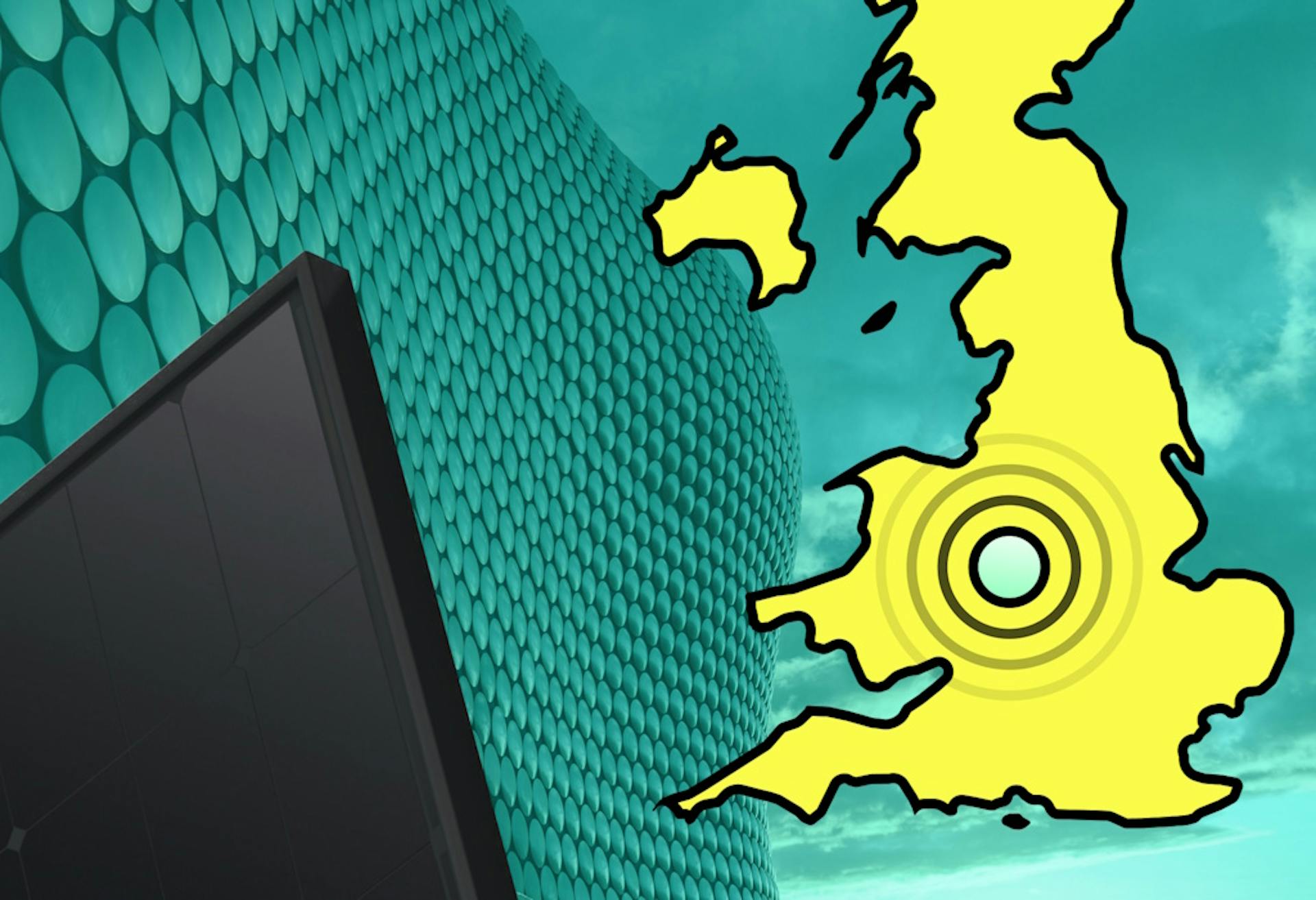 An image of a cut-off map of the UK in yellow on the right, with concentric circles where Birmingham is, and a black solar panel on the left, against an aquamarine background featuring the outside of the Bullring shopping centre