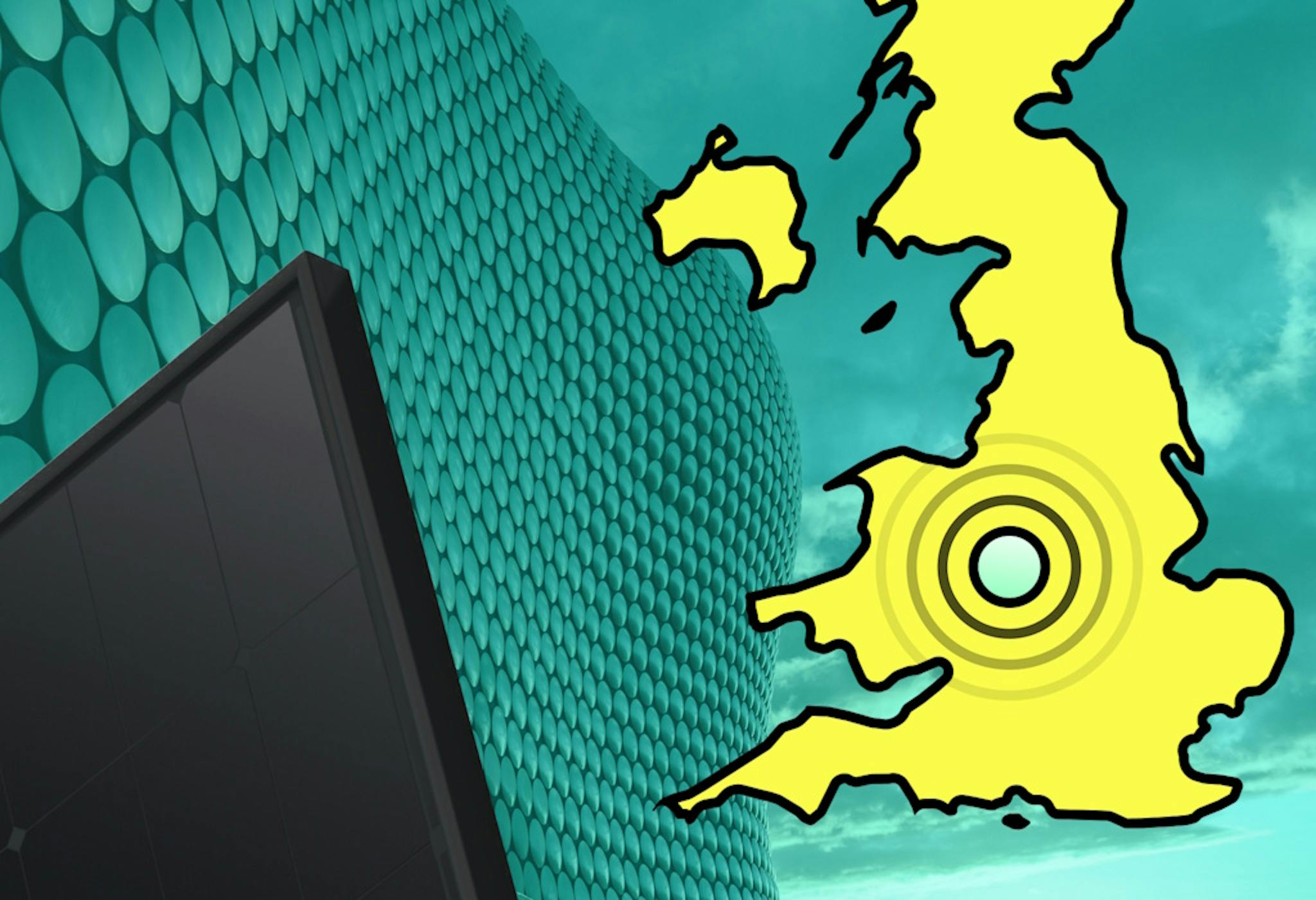 An image of a cut-off map of the UK in yellow on the right, with concentric circles where Birmingham is, and a black solar panel on the left, against an aquamarine background featuring the outside of the Bullring shopping centre