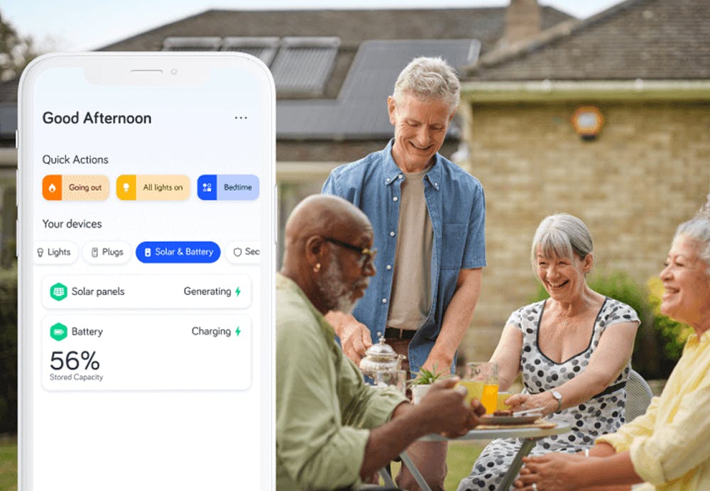Hive app on a phone, over a photo of friends with drinks