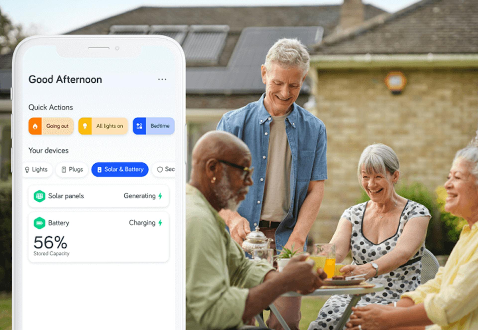 Hive app on a phone, over a photo of friends with drinks