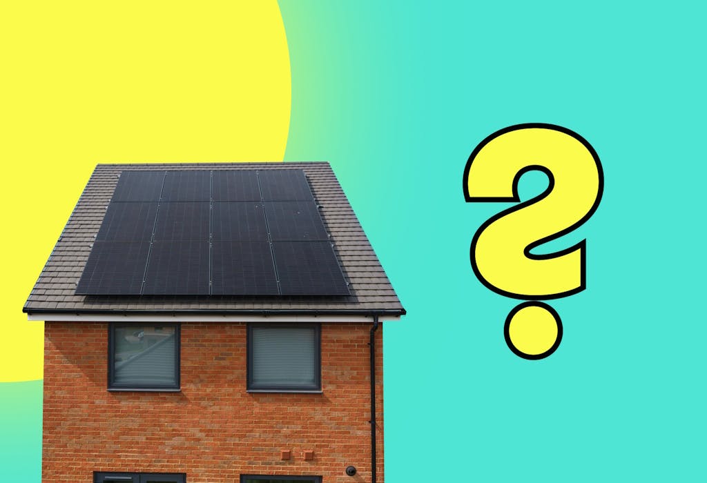a graphic representation of a yellow sun behind an image of a house with solar panels on the roof and a yellow question by it, all against an aquamarine background