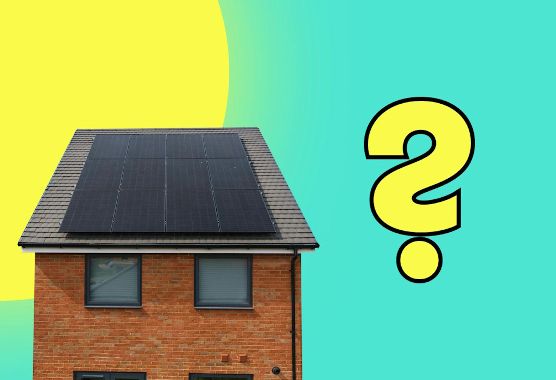 a graphic representation of a yellow sun behind an image of a house with solar panels on the roof and a yellow question by it, all against an aquamarine background
