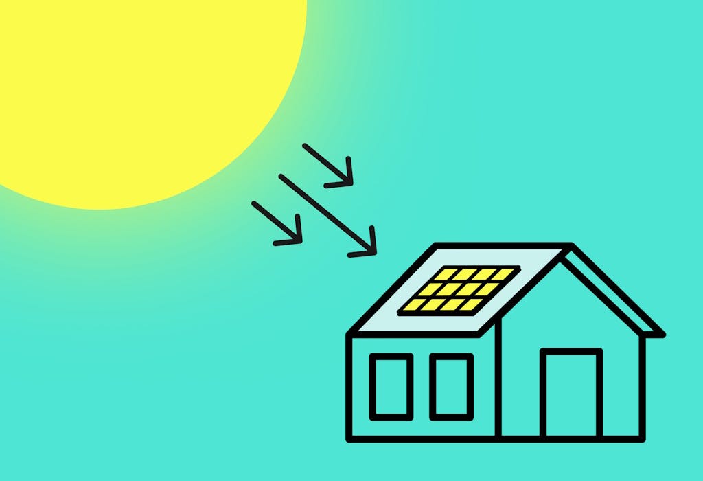 a graphic representation of a yellow sun with arrows coming off it and pointing to a house with yellow solar panels on it, against an aquamarine background