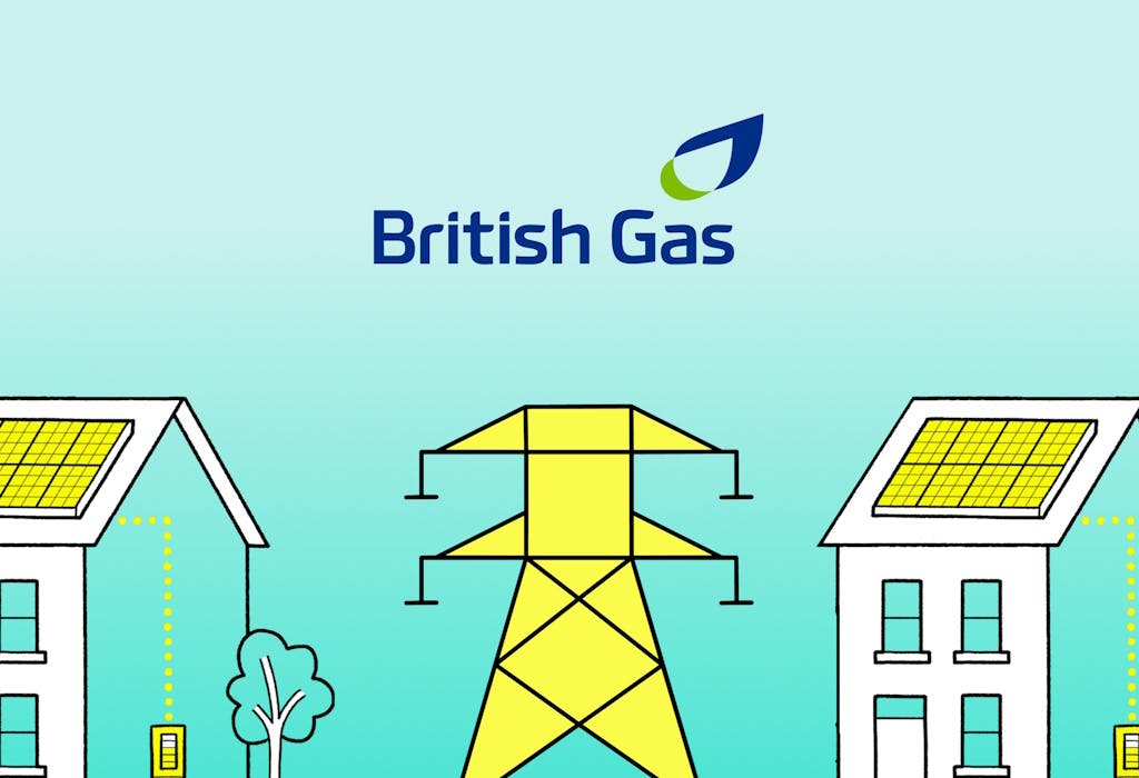 a graphic representation of a yellow electricity pylon and the British Gas logo by two houses with yellow solar panels on their roofs, all against an aquamarine background
