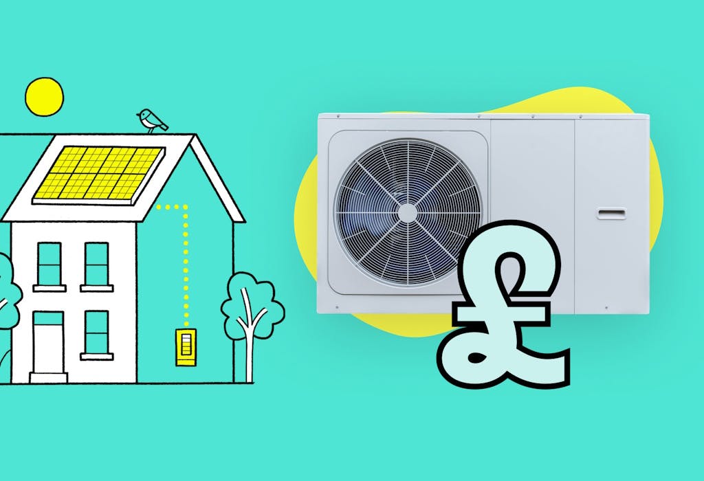 a graphic representation of a house with yellow solar panels on its roof, next to an image of a heat pump and a pound sign, all against an aquamarine background