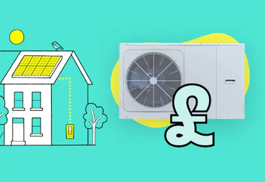 a graphic representation of a house with yellow solar panels on its roof, next to an image of a heat pump and a pound sign, all against an aquamarine background