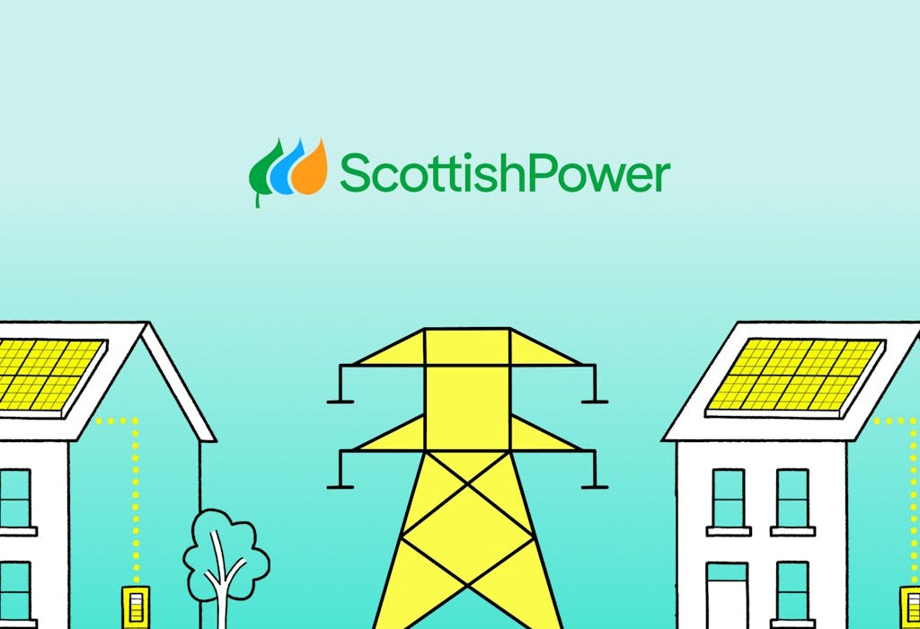 a graphic representation of a yellow electricity pylon and the Scottish Power logo by two houses with yellow solar panels on their roofs, all against an aquamarine background
