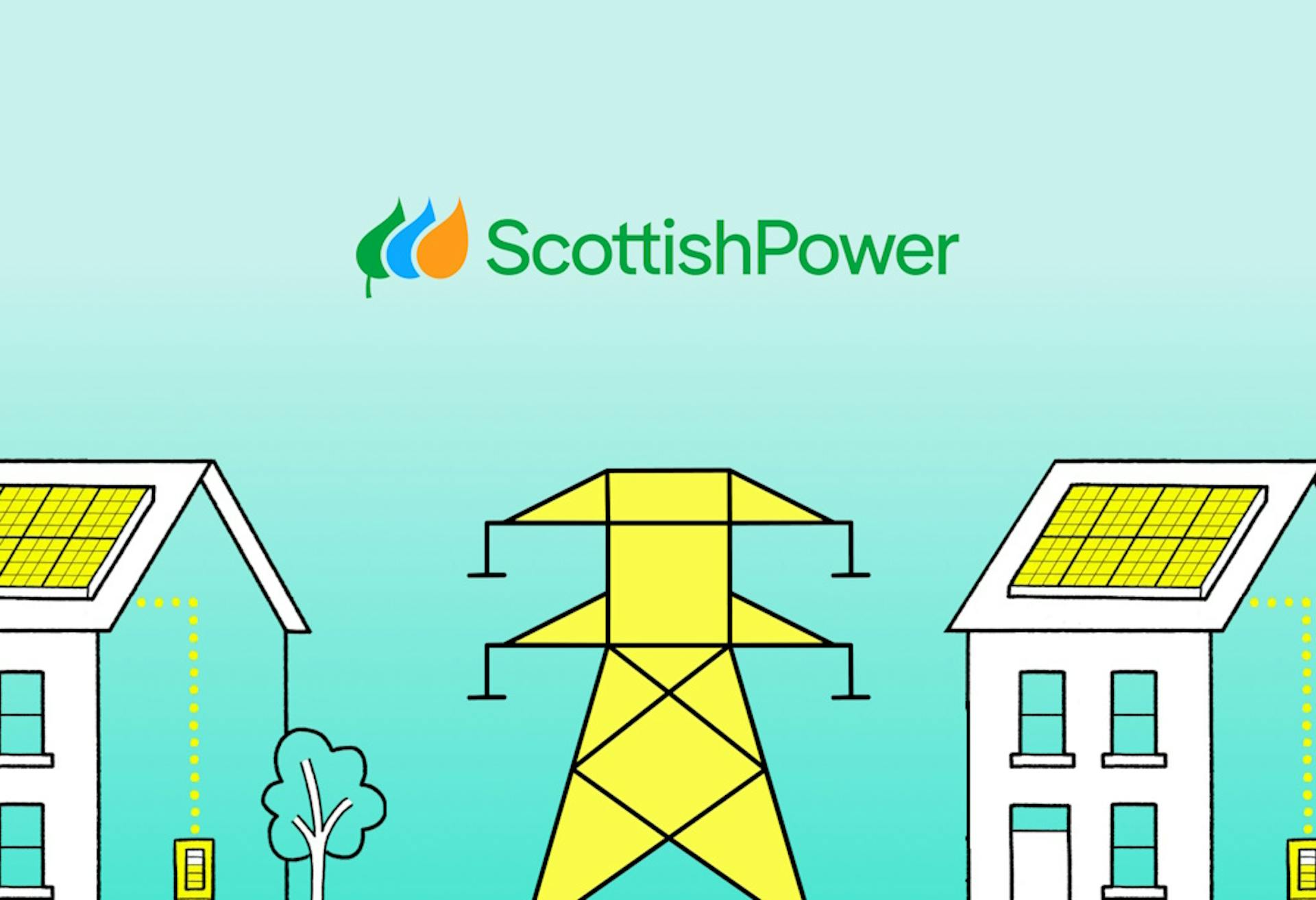 a graphic representation of a yellow electricity pylon and the Scottish Power logo by two houses with yellow solar panels on their roofs, all against an aquamarine background