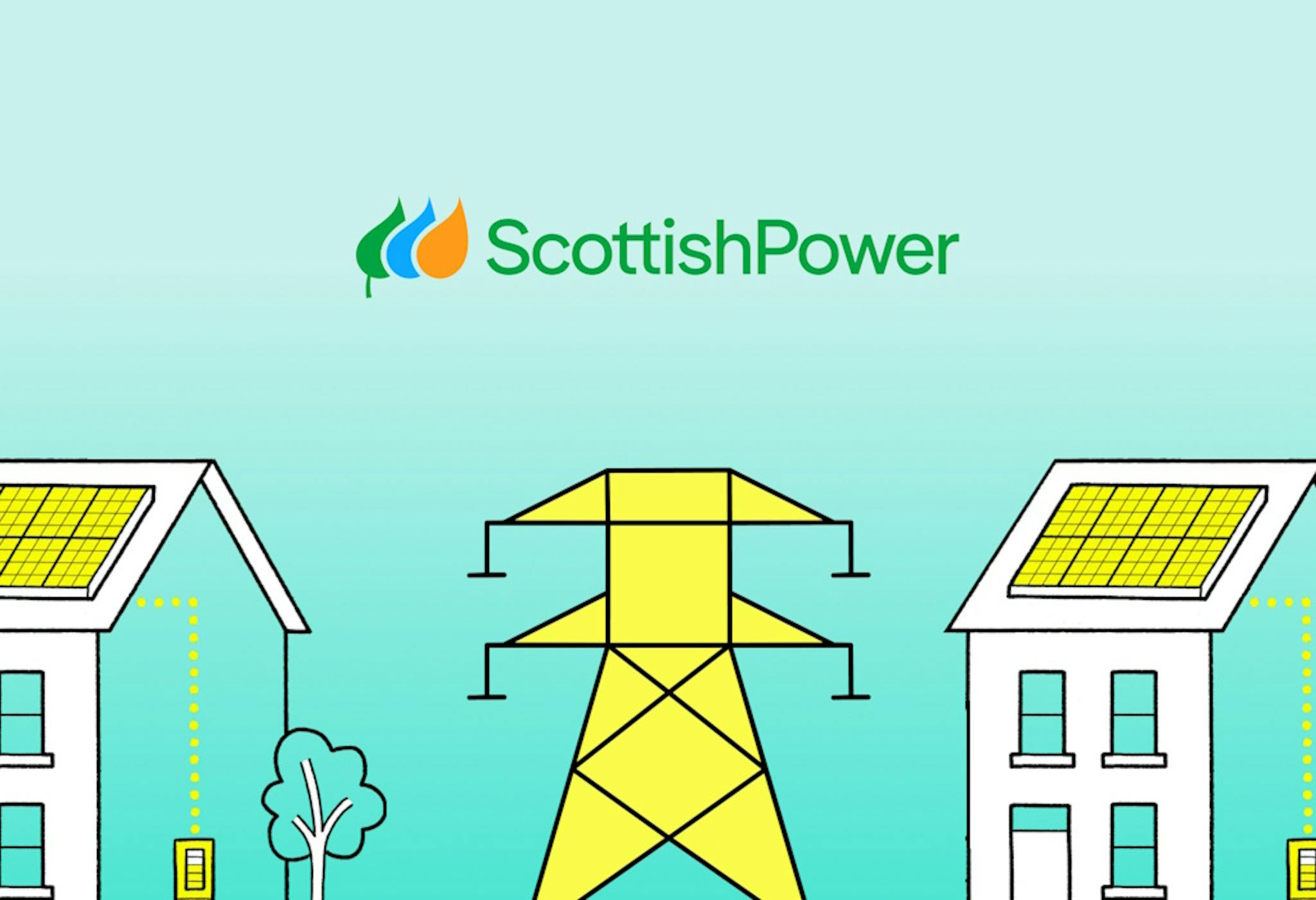 a graphic representation of a yellow electricity pylon and the Scottish Power logo by two houses with yellow solar panels on their roofs, all against an aquamarine background