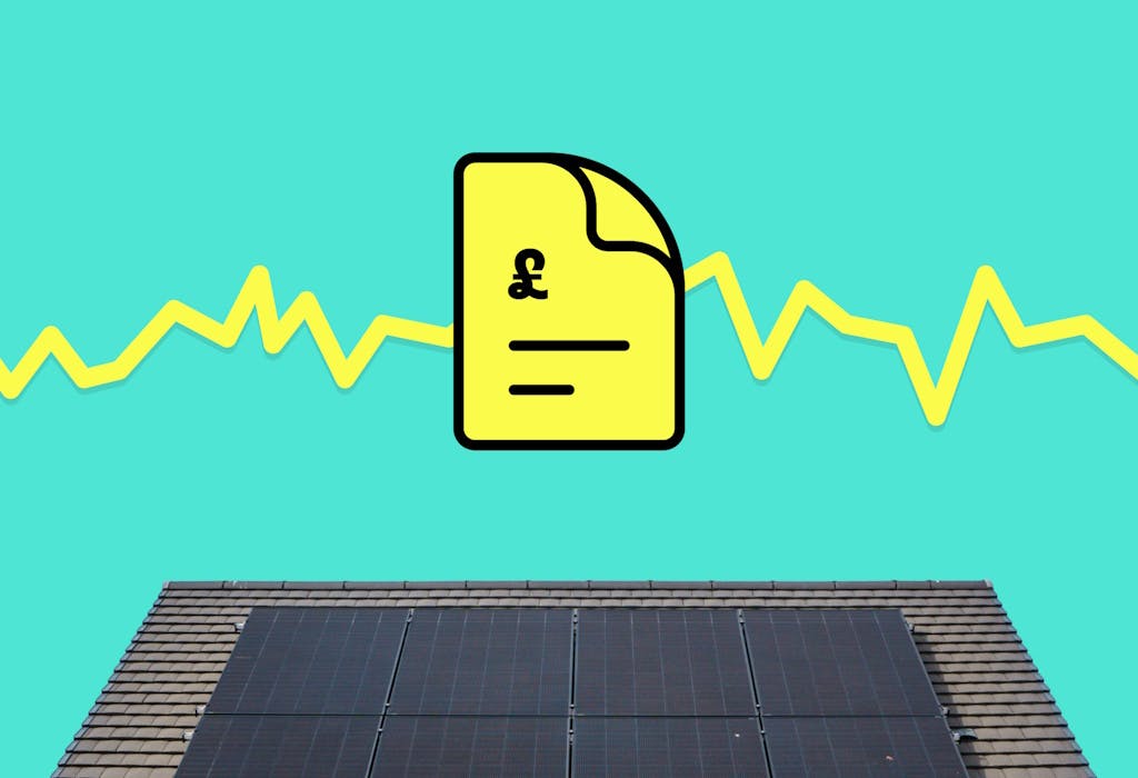 a graphic representation of a yellow bill against a line going up and down, above an image of a house with solar panels on the roof, all against an aquamarine background