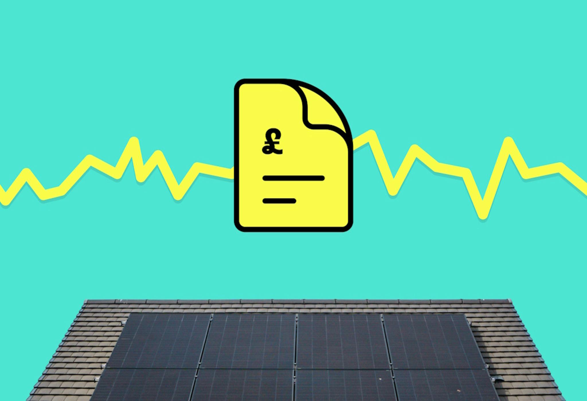 a graphic representation of a yellow bill against a line going up and down, above an image of a house with solar panels on the roof, all against an aquamarine background