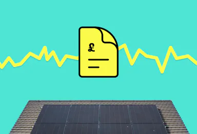 a graphic representation of a yellow bill against a line going up and down, above an image of a house with solar panels on the roof, all against an aquamarine background