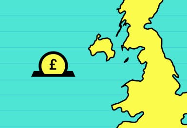 Yellow map of UK to the right, yellow 'ÂŁ' coin to the left, teal background
