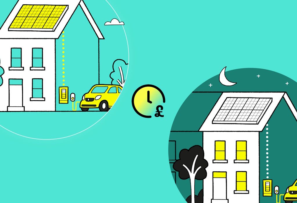 a graphic representation of two white houses with solar panels on their roofs, with a clock in between, against an aquamarine background