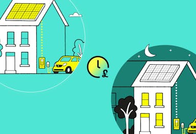 a graphic representation of two white houses with solar panels on their roofs, with a clock in between, against an aquamarine background