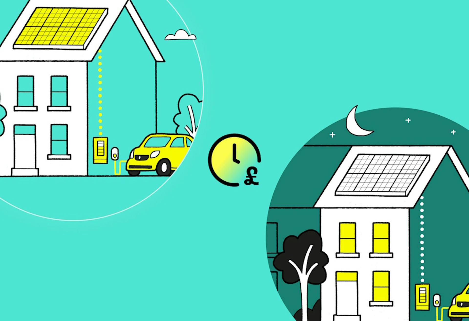 a graphic representation of two white houses with solar panels on their roofs, with a clock in between, against an aquamarine background